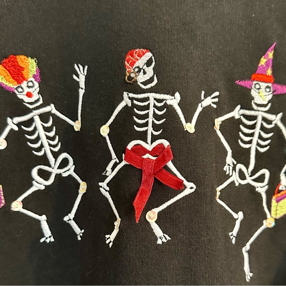 White Stag Black Sweatshirt with Multicolor Embroidered Dancing Skeletons